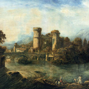 Abrham-Louis-Rodolphe Ducros, Veduta ideale della Rocca Pia, penna, inchiostro di china ed acqeurello, 1800